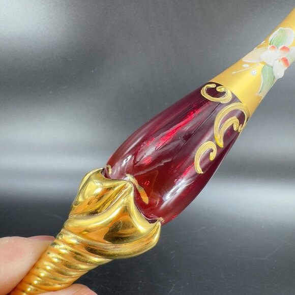 Venetian Art Glass Vase Raised Flowers Ruby Red Heavy Gold Painted Made In Italy - Picture 10 of 15